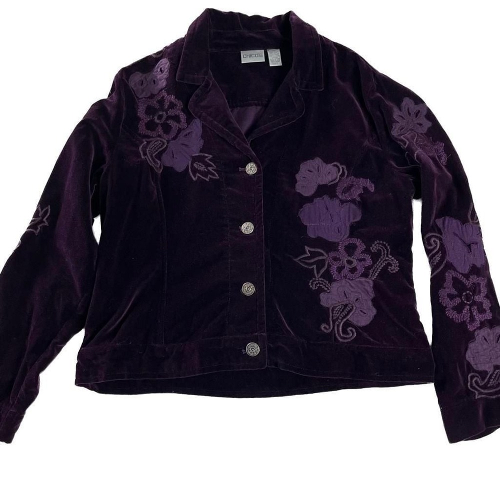 Chico's Purple Velvet Embroidered Jacket Blazer Womens L Floral Button Front